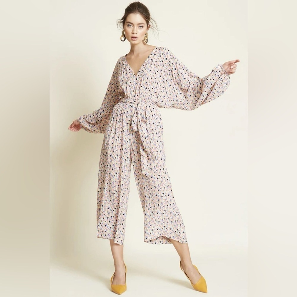 Caballero Long Sleeve Regan Jumpsuit in Spring Paint Blots Medium Pink Blue Blac